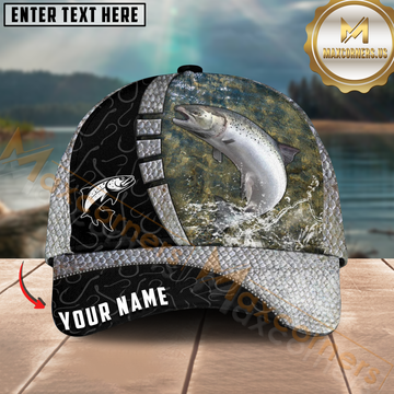 Maxcorners Salmon Fishing Silver Scale Splash Design Personalized Name 3D Cap