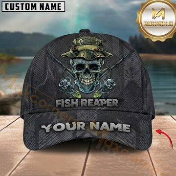 Maxcorners Fishing Skull Reaper Dark Geometric Pattern Customized Name 3D Cap