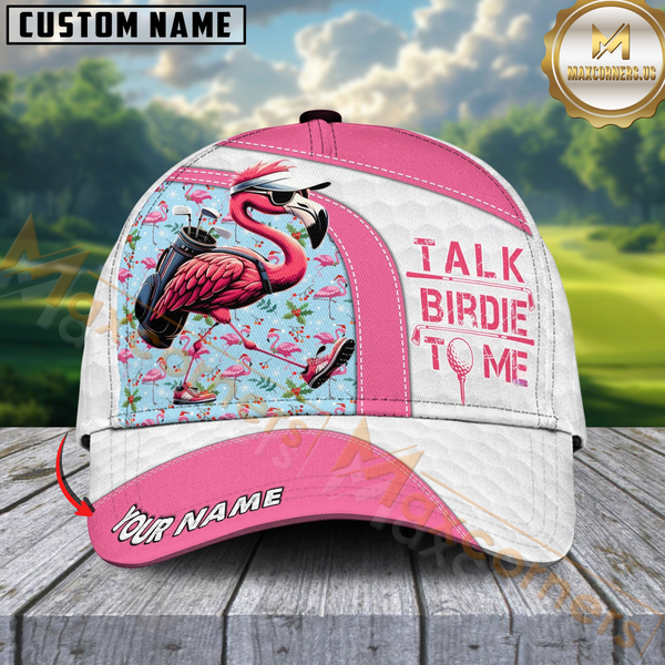 Maxcorners Flamingo Golf Cap Talk Birdie To Me Funny Golf Cap, Personalized Name Pattern 3D Classic Cap