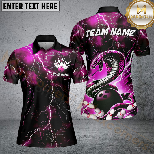 Maxcorners Pink Thunder Lightning Custom Cobra Snake Bowling Polo Shirts For Women, Bowling Team Shirt