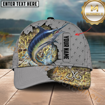 Maxcorners Marlin Fishing Gray Star Camo Hook Design Personalized Name 3D Cap