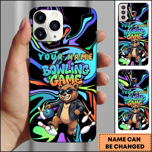 Maxcorners Bowling Rainbow Neon Bear Ball Pins Personalized Name Phone Case