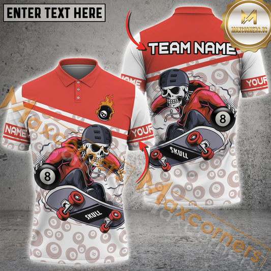 Maxcorners Billiard Skateboarding Skeleton Multicolor Options Personalized Name, Team Name 3D Polo Shirt (4 Colors)