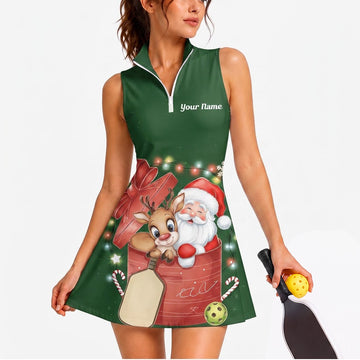 Maxcorners Pickleball Sleeveless Zipper Sports Dress Set Christmas Santa Gift Personalized Name 3D Sleeveless Zipper Sports Dress Set