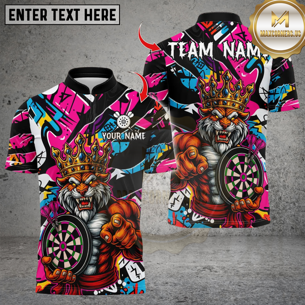 Maxcorners Personalized Name Dart Polo Shirt, Muscle Lion King With Dartboard Design ,Custom Team Shirt for Men, Gift for Darts Players