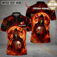 Maxcorners Grim Reaper Fire Golf Polo Shirt, Customized Name & Team Name 3D Shirts (4 Colors)