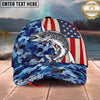 Maxcorners Fishing USA Flag Blue Camouflage Personalized Name 3D Cap (12 Fish Species)