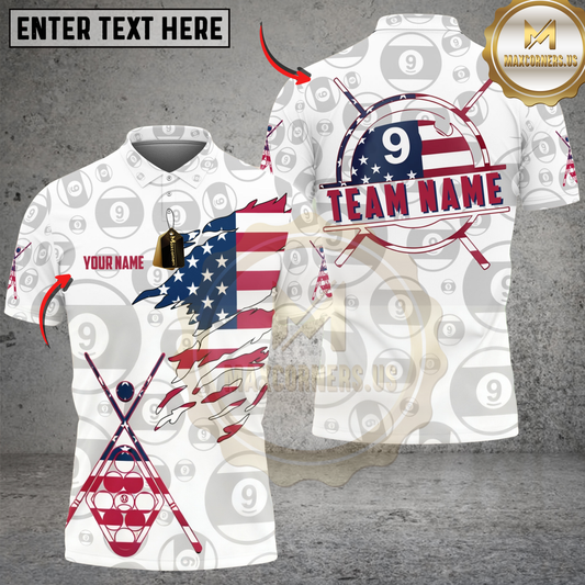 Maxcorners Billiards Ball 8 And 9 White Ball Pattern US Flag Personalized Shirt (2 Colors)