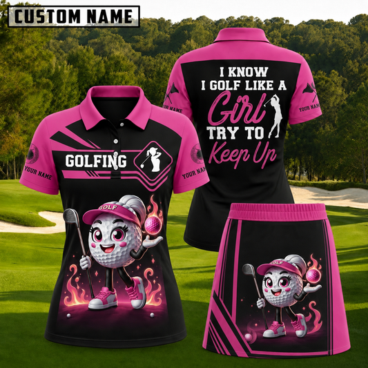 Maxcorners Black and Hot Pink Flaming Golf Ball Girl Personalized Name 3D Golf Shirt and Skirt
