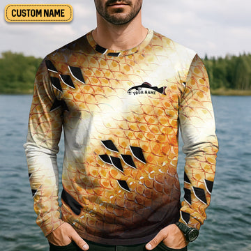 Maxcorners Yellow Fish Scale Fishing UPF Shirts, Custom Fishing Shirt, Gift For Fisherman, Mens Casual Shirts
