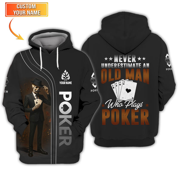Poker T Shirt  Never Underestimate An Old Man Who Plays Poker Skeleton Card Player Black Tee