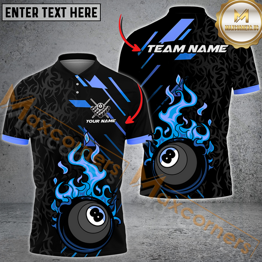 Maxcorners Pool 8 Flame Billiard Jersey Multicolor Options Personalized Name, Team Name 3D Polo Shirt (4 Colors)