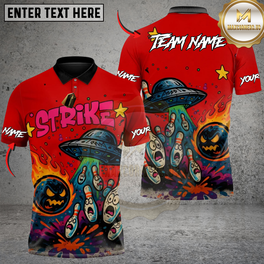 Maxcorners Bowling Alien UFO Abducting Personalized Name, Team Name 3D Unisex Shirt