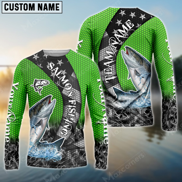 Maxcorners Salmon Fishing American Green Star Sun Protection Personalized Name, Team Name Long Sleeve Shirt