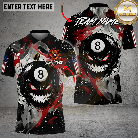 Maxcorners Billiards Ball 8 Evil Fire Monster American Flag Personalized Name Shirt (4 Colors)