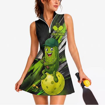 Maxcorners Pickleball Sleeveless Zipper Sports Dress Set Green Pickle Monster Smash Personalized Name 3D Sleeveless Zipper Sports Dress Set