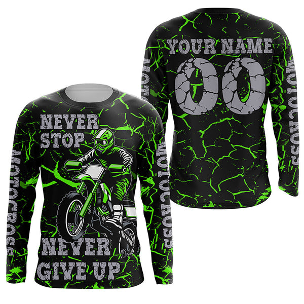 Maxcorners Green Motocross Jersey Personalized UPF30+ Never Stop Dirt Bike Shirt For Boys Racing Motorcycle LM2809