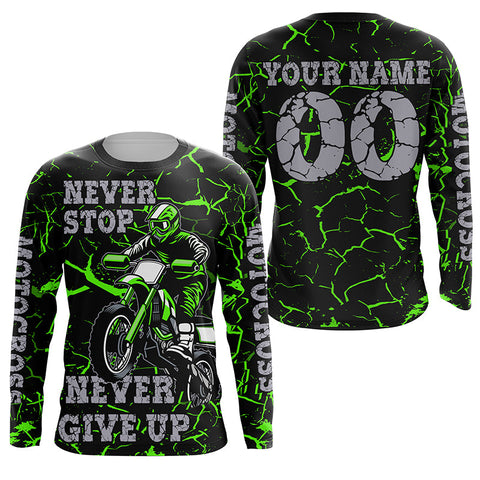 Maxcorners Green Motocross Jersey Personalized UPF30+ Never Stop Dirt Bike Shirt For Boys Racing Motorcycle LM2809