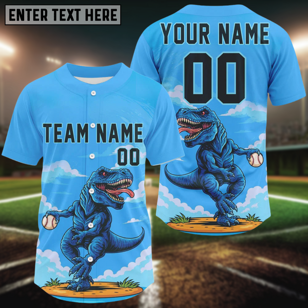 Maxcorners Custom Blue Dinosaur Baseball Shirt For Men Outfits Button Up Baseball Jerseys LM1109