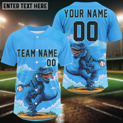 Maxcorners Custom Blue Dinosaur Baseball Shirt For Men Outfits Button Up Baseball Jerseys LM1109