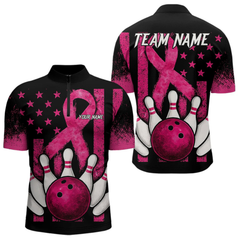 Maxcorners Breast Cancer Bowling Shirts For Men Custom Black and Pink ribbon American Flag Bowling Team Jerseys LM064