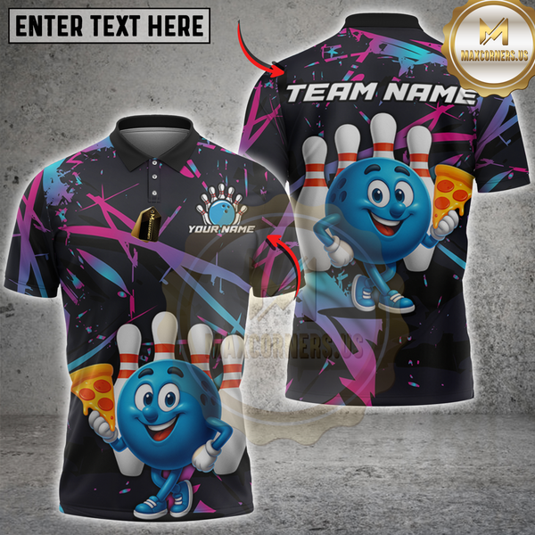 Maxcorners Bowling Ball Holding Pizza Neon Abstract Personalized Name 3D Unisex Shirt