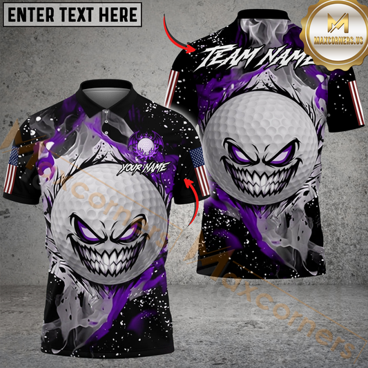 Maxcorners Golf Evil Fire Monster American Flag Design Personalized Name, Team Name 3D Shirt (4 Colors)