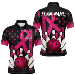 Maxcorners Breast Cancer Bowling Shirts For Men Custom Black and Pink ribbon American Flag Bowling Team Jerseys LM064