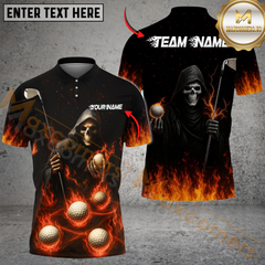 Maxcorners Flaming Reaper Golf Polo Shirt, Custom Name & Team Name 3D Shirts
