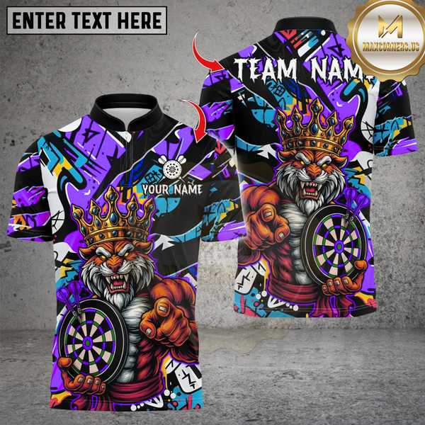 Maxcorners Personalized Name Dart Polo Shirt, Muscle Lion King With Dartboard Design ,Custom Team Shirt for Men, Gift for Darts Players