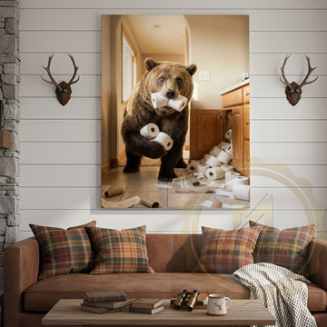 Maxcorners Bear Canvas Bathroom Toilet Paper Running Humor Canvas Wall Art