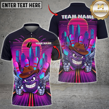 Maxcorners Bowling Funny Cowboy Ball Gun Retro Neon Personalized Name, Team Name 3D Polo Shirt