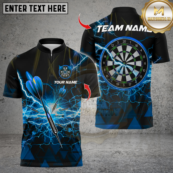 Maxcorners Personalized Name Dart Polo Shirt, Thunder Lightning Dartboard Design ,Custom Team Shirt for Men, Gift for Darts Players