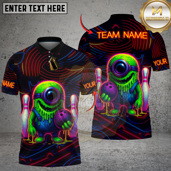 Maxcorners Bowling Neon Monster with Bowling Ball and Pins Multicolor Customized Name, Team Name 3D Shirts