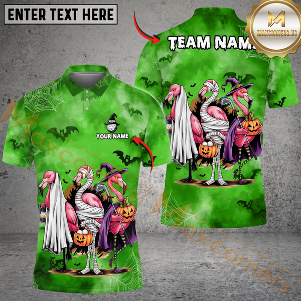 Maxcorners Spooky Flamingo Halloween Funny Golf Shirt, Customized Name & Team Name 3D Shirts (4 Colors)