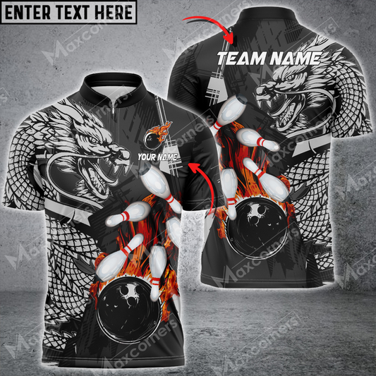 Maxcorners Bowling & Pins Dragon Flame Fire Multicolor Option Customized Name, Team Name 3D Polo Shirt (4 Colors)