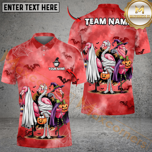 Maxcorners Spooky Flamingo Halloween Funny Golf Shirt, Customized Name & Team Name 3D Shirts (4 Colors)