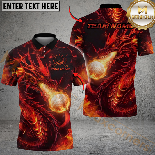 Maxcorners Golf Fire Dragon Breath Design Personalized Name, Team Name 3D Shirt (4 Colors)