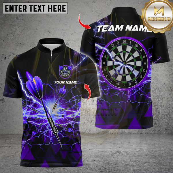 Maxcorners Personalized Name Dart Polo Shirt, Thunder Lightning Dartboard Design ,Custom Team Shirt for Men, Gift for Darts Players