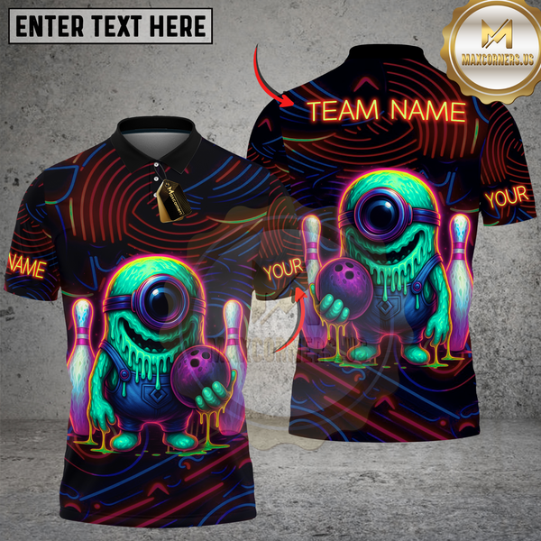 Maxcorners Bowling Neon Monster with Bowling Ball and Pins Multicolor Customized Name, Team Name 3D Shirts