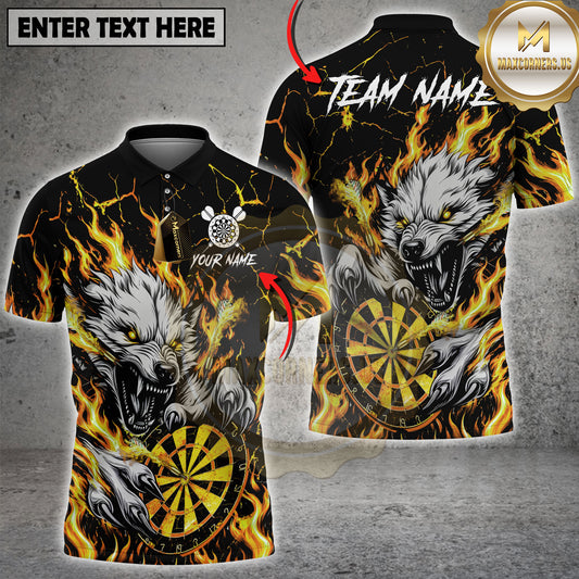 Maxcorners Dart Shirt Flaming Wolf Attack Fire Dartboard Aggressive Graphic Multicolor Options Personalized Name, Team Name 3D Shirt (4 Colors)