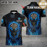 Maxcorners Personalized Name Dart Polo Shirt, Flame Skull Dartboards Design ,Custom Team Shirt for Men, Gift for Darts Players