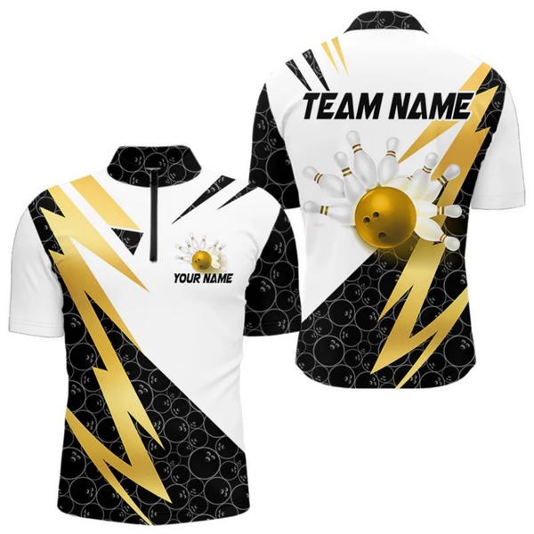 Maxcorners Black and White Bowling Polo, Quarter Zip Shirt for Men Custom Lightning Team bowling jersey | Gold LM2404