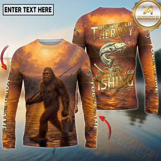 Maxcorners Fishing Sunset Lake Bigfoot Fisherman I Don’t Need Therapy I Just Need To Go Personalized Name, Team Name 3D Long Sleeve Shirt (Large Mouth Bass, Walleye, Trout, Crappie, Catfish, Pike)