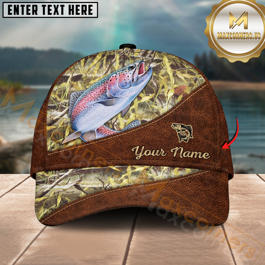 Maxcorners Rainbow Trout Fishing Brown Leather Camo Design Personalized Name 3D Cap