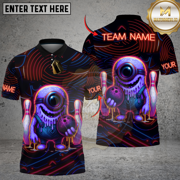 Maxcorners Bowling Neon Monster with Bowling Ball and Pins Multicolor Customized Name, Team Name 3D Shirts