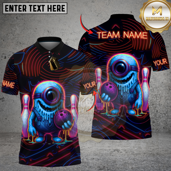 Maxcorners Bowling Neon Monster with Bowling Ball and Pins Multicolor Customized Name, Team Name 3D Shirts