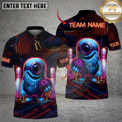 Maxcorners Bowling Neon Monster with Bowling Ball and Pins Multicolor Customized Name, Team Name 3D Shirts