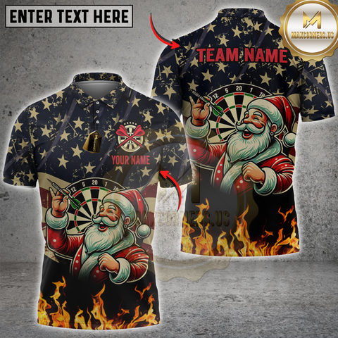 Maxcorners Darts Santa Fire American Flag Personalized Name 3D Unisex Shirt