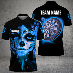 Maxcorners Darts Sugar Skull Art Flame Customized Name, Team Name 3D Polo Shirt